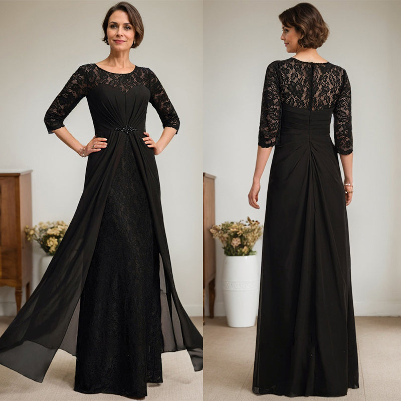 Vestido de mãe da noiva em linha A, com decote redondo ilusão, renda e chiffon longo até o chão, com bordados e babados