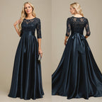 Vestido de mãe da noiva em cetim stretch com renda, comprimento até o chão, corte evasê, decote redondo com ilusão e laço com paetês