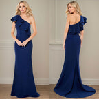 Vestido longo evasê de chiffon para mãe da noiva, um ombro só, com babados