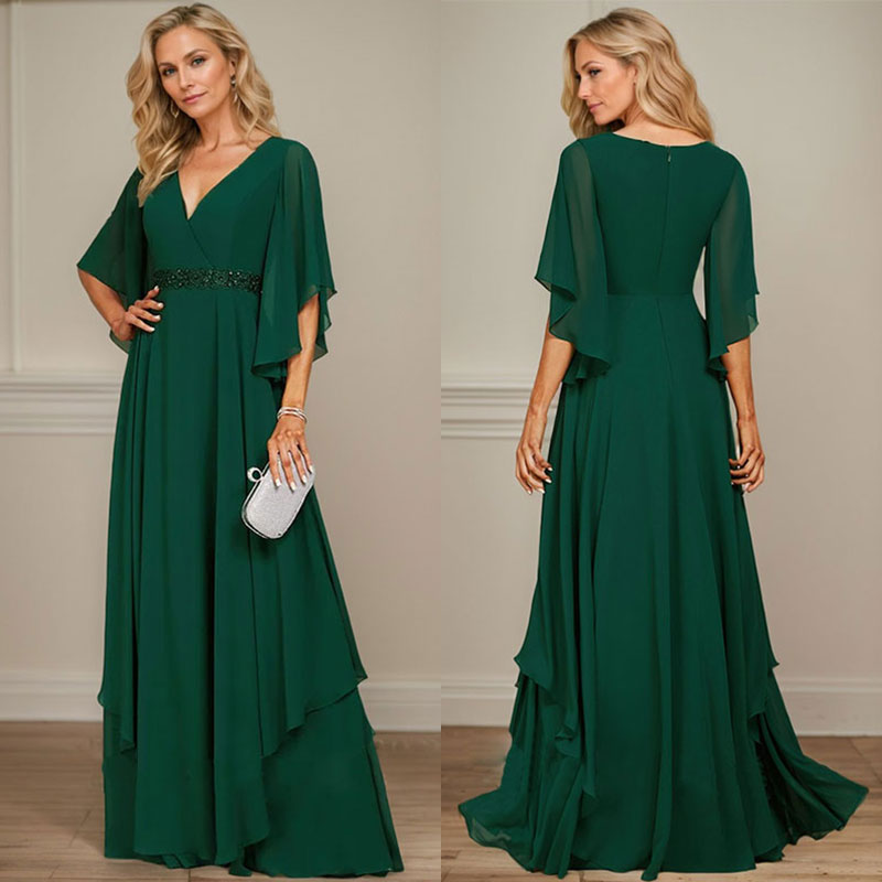 Vestido de madre de la novia línea A con escote en V, largo hasta el suelo, de gasa con apliques de lentejuelas y cuentas de encaje