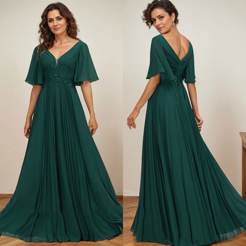A-Linien V-Ausschnitt bodenlanges Chiffon Mutterkleid der Braut mit Pailletten-Applikationen, Spitze und Falten