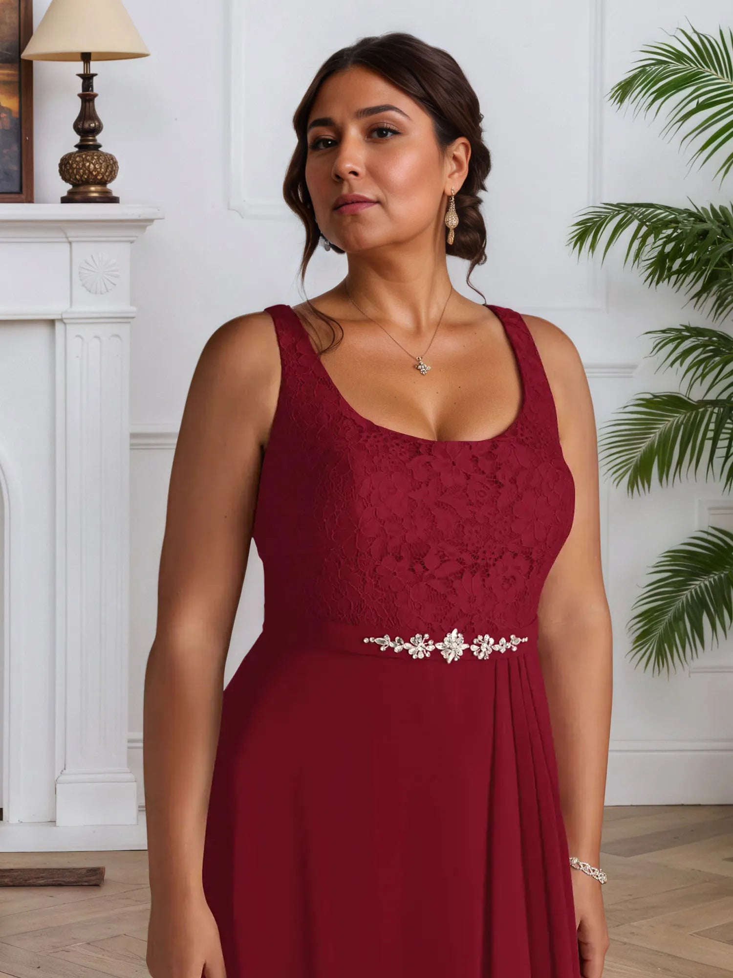 Abito da madre della sposa in chiffon con pizzo, linea A e scollo quadrato