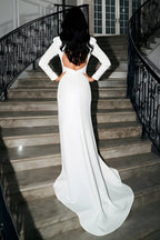 Long Sleeve Embellished Illusion Neckline High Slit Evening Gown