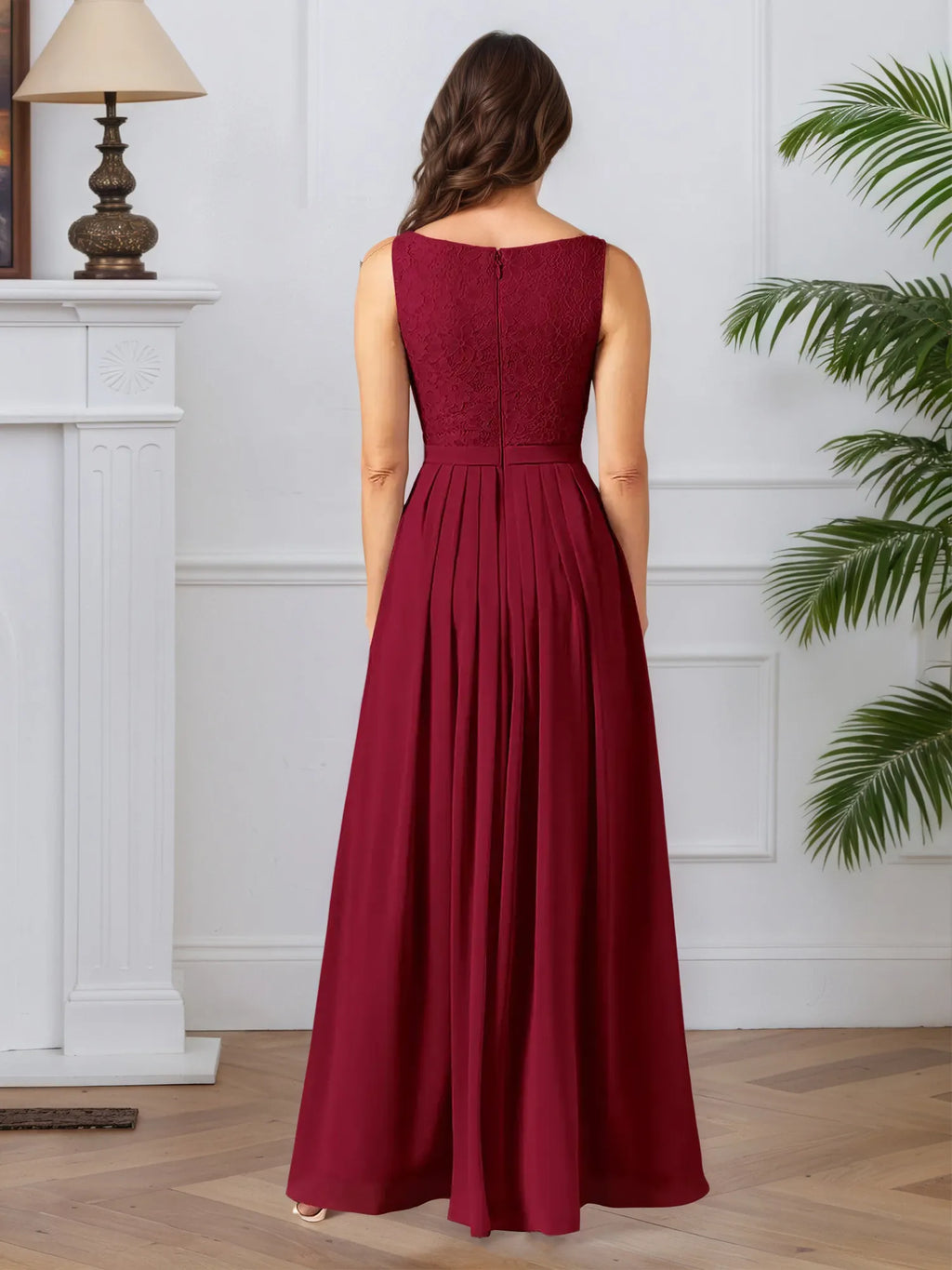Abito da madre della sposa in chiffon con pizzo, linea A e scollo quadrato