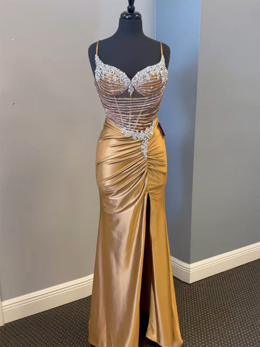 Abito da ballo con corsetto in satin trasparente e strass dorati con spacco
