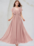 Dusty Rose A-Line V-Neck Floor-Length Chiffon Bridesmaid Dress
