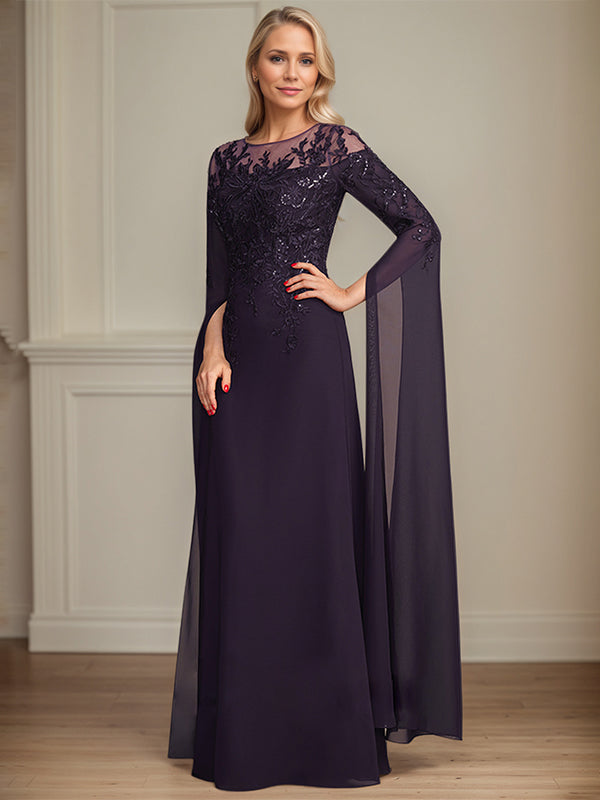 Etui/Säulen Kleid mit Rundhalsausschnitt, 1/2-Arm, bodenlang, Spitze und Chiffon, Mutter der Braut Kleid mit Pailletten