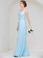Sky Blue A-Line Cowl Floor-Length Chiffon Bridesmaid Dress With Ruffle