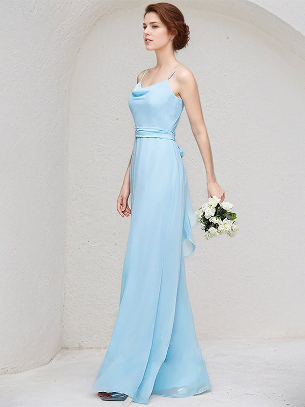 Sky Blue A-Line Cowl Floor-Length Chiffon Bridesmaid Dress With Ruffle