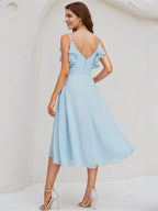 Sky Blue Chiffon A Line V Neck Sleeveless Asymmetrical Bridesmaid Dress