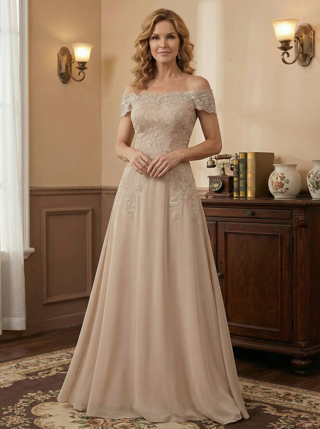 Vestido elegante de madre de la novia en tono topo, tipo columna, sin hombros y con encaje