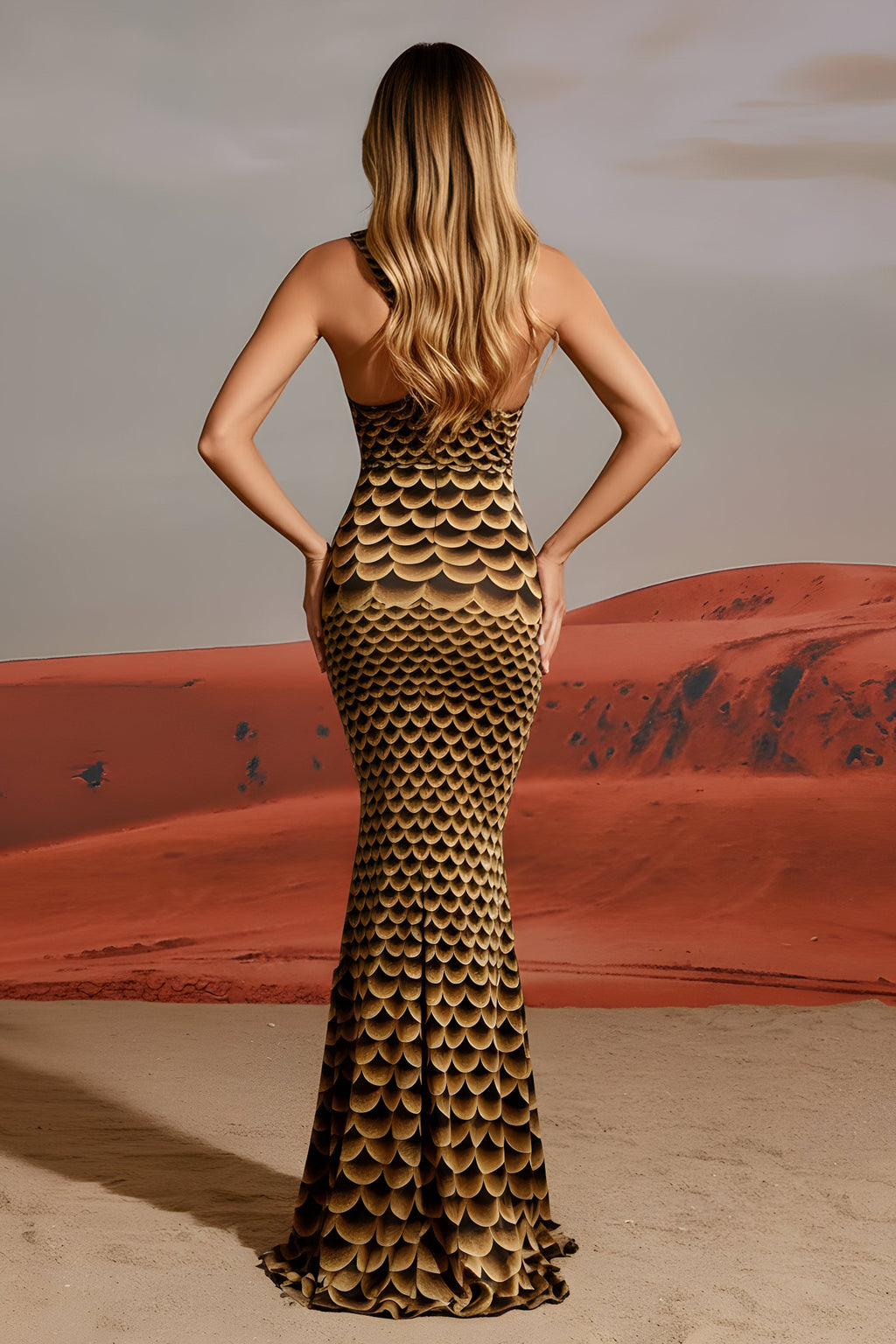 Sleeveless Mermaid Floor Length Gown with Scale Print Pattern