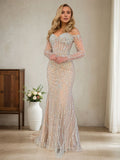 Vestido largo de graduación champán brillante estilo sirena con escote off-shoulder y corsé