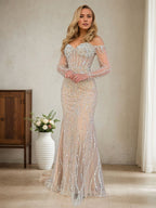 Vestido largo de graduación champán brillante estilo sirena con escote off-shoulder y corsé