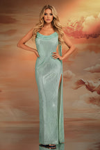 Sparkling Draped Cowl Neck High Slit Sequin Gown