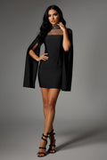 Elegant Mesh Detail Cape Sleeve Bodycon Mini Dress