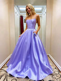 Vestito lungo da ballo viola a linea A in raso con spalline sottili