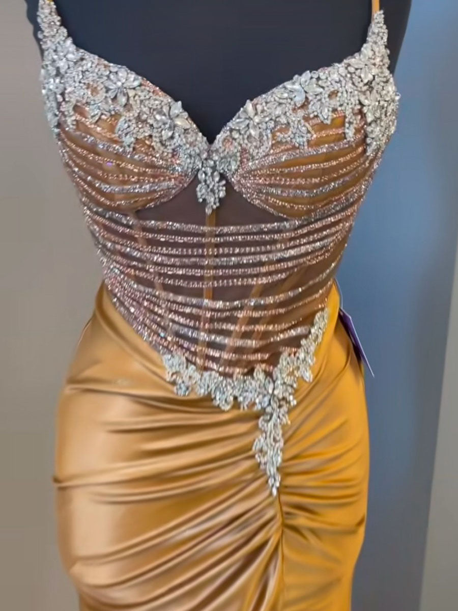 Gold Liquid Beaded Bodice Satin Prom Dress with Slit