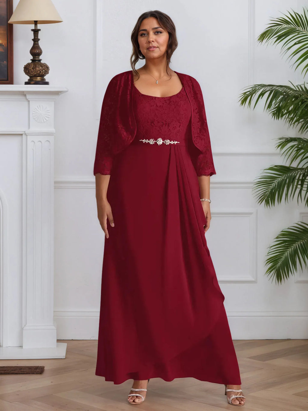 Abito da madre della sposa in chiffon con pizzo, linea A e scollo quadrato