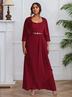 Abito da madre della sposa in chiffon con pizzo, linea A e scollo quadrato