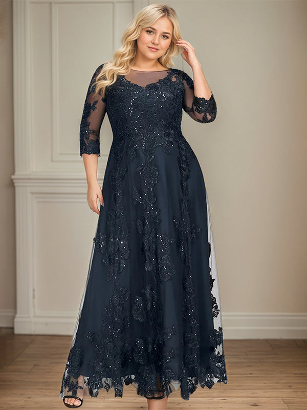 Vestido de madre de la novia de tul y encaje con ilusión en escote redondo, falda larga en línea A y lentejuelas