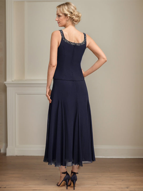 Vestido de mãe da noiva separado evasê, comprimento chá, de chiffon com decote redondo, paetês e bordados