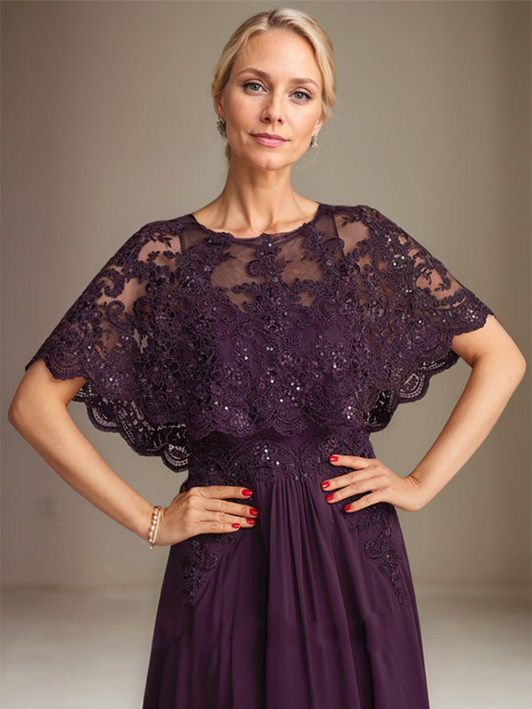 A-Linien Spitzen-Chiffon-Mutter-der-Braut-Kleid mit Bootsausschnitt, bodenlang und Applikations-Pailletten