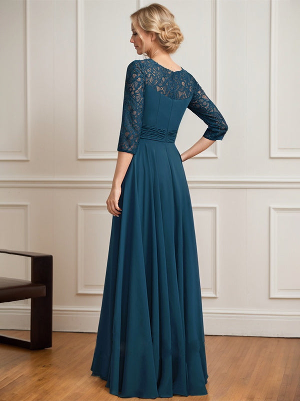 Vestido para madre de la novia línea A con escote redondo ilusión, largo hasta el suelo, encaje y chiffon plisado