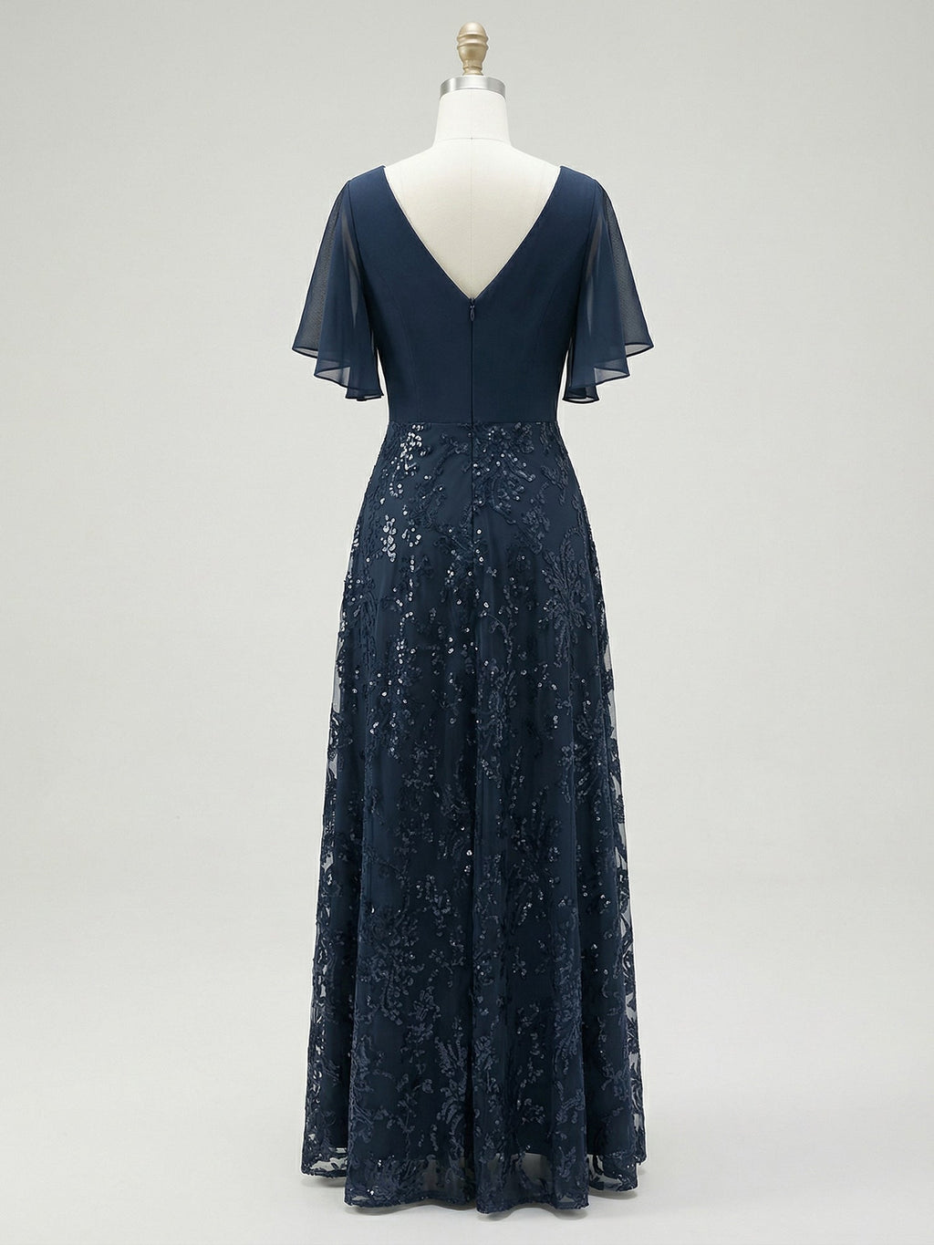 A-Linien V-Ausschnitt bodenlanges Spitzen-Chiffon Brautmutterkleid mit Pailletten und Plissees