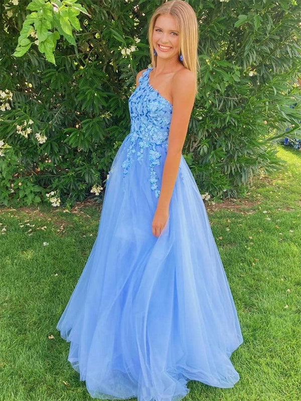 Robe de bal longue en tulle bleu à une épaule avec appliques
