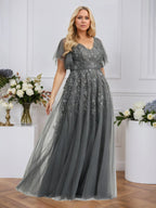 A-line V-Neck Floor-Length Tulle Lace Evening Dress With Sequins