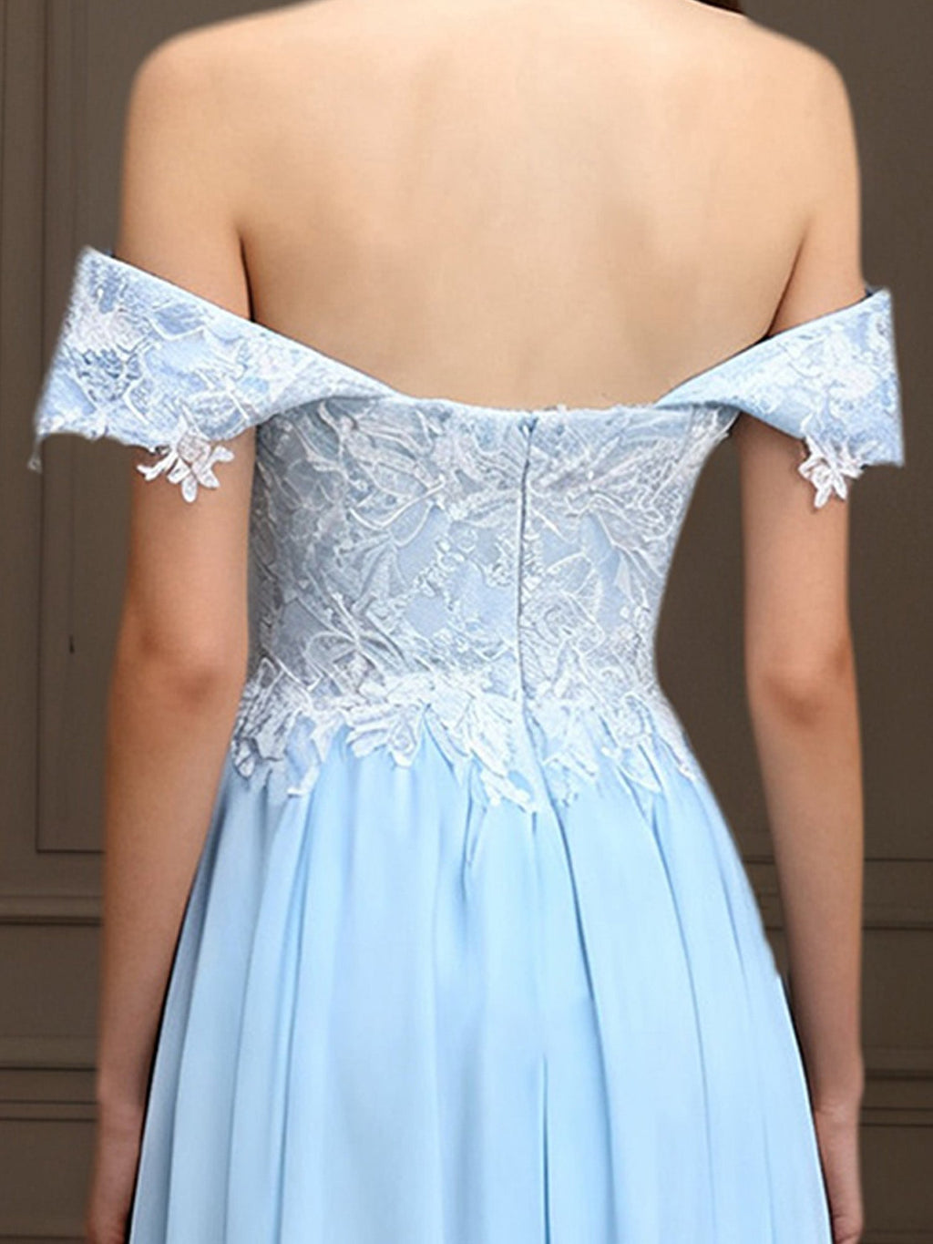 Elegantes schulterfreies Chiffon-Etuikleid lang Mutter der Braut mit Spitzenapplikationen