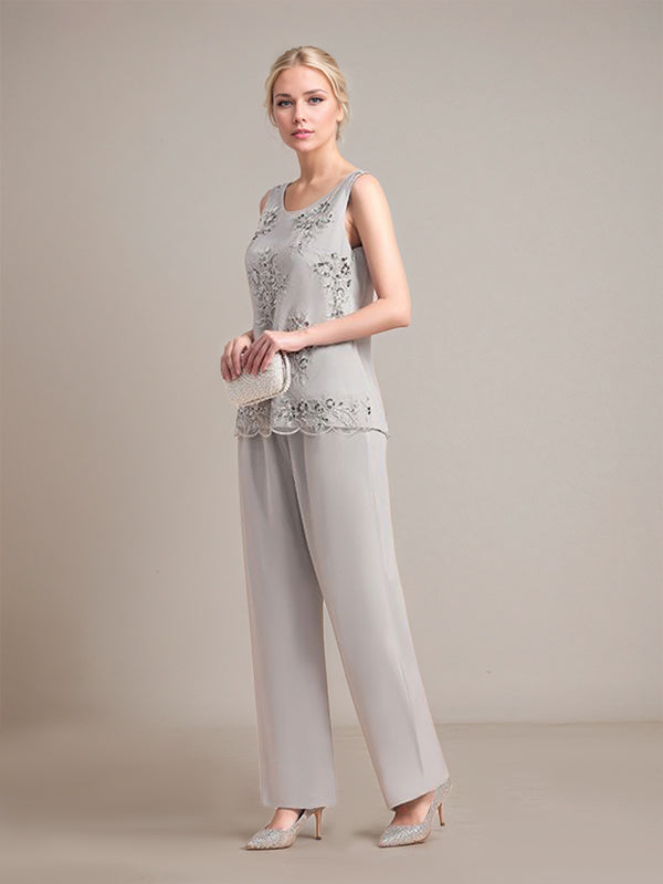 Elegante tuta argento in chiffon senza maniche con applicazioni per madre della sposa e scollo a incrocio