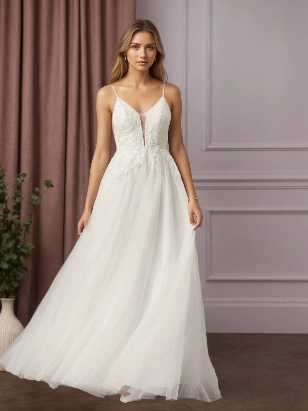 Abito bianco a linea A con scollo a V, paillettes e tulle senza maniche