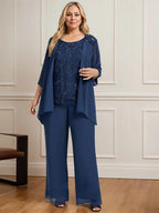 Conjunto separado mono/pantalón con escote redondo, encaje y gasa largo hasta el suelo para madre de la novia con lentejuelas