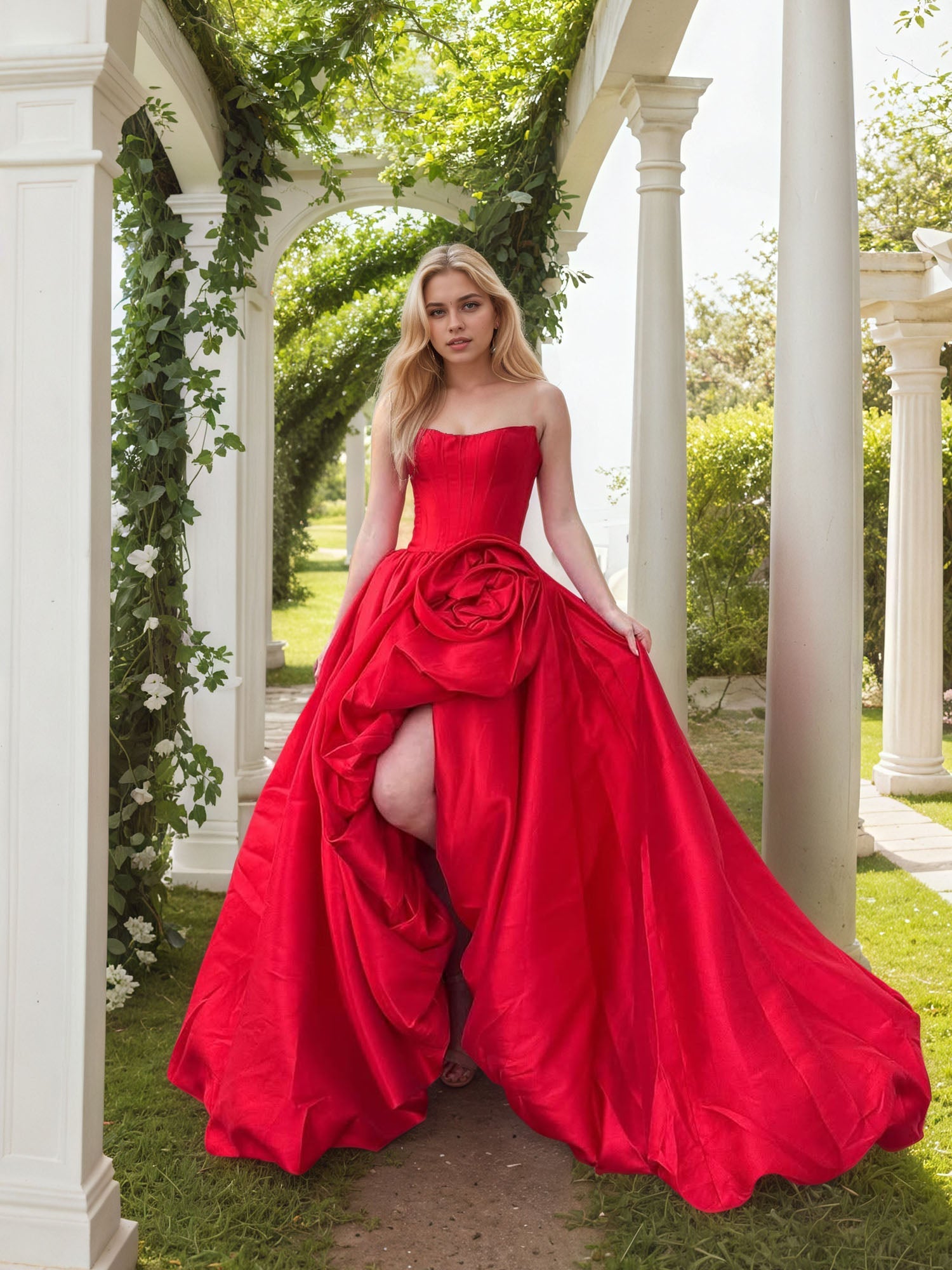 Abito da sera formale in raso senza spalline con fiori 3D e spacco alto per donna