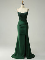 Mermaid Halter Beaded Long Prom Dress with Appliques and Slit