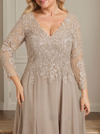 Vestido para madre de la novia línea A con escote en V, largo hasta el suelo, de encaje y gasa con lentejuelas