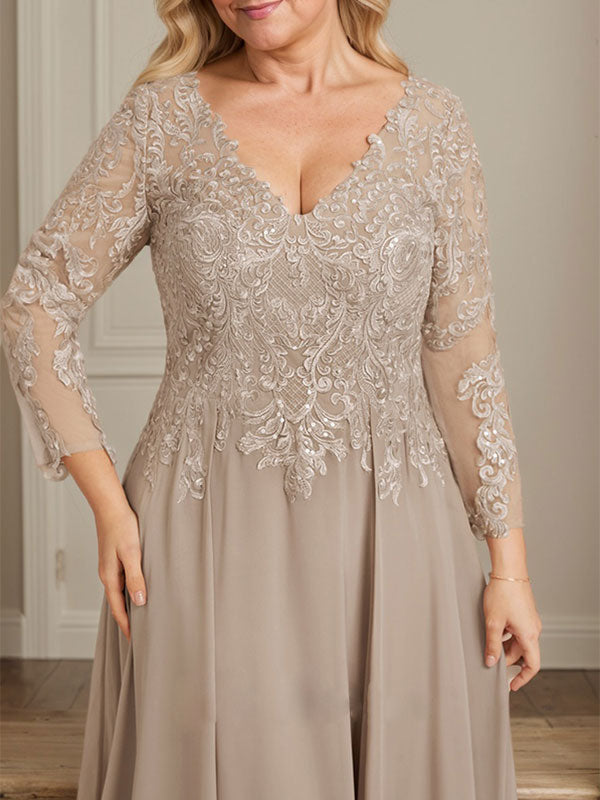 Vestido para madre de la novia línea A con escote en V, largo hasta el suelo, de encaje y gasa con lentejuelas