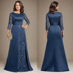 Vestido de madre de la novia largo hasta el suelo con encaje, satén, línea A, escote redondo y aplicaciones