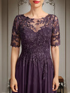 A-Linien Scoop-Ausschnitt Illusion asymmetrisches Chiffon-Spitzen-Mutter-der-Braut-Kleid mit Pailletten