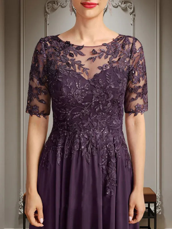 A-Linien Scoop-Ausschnitt Illusion asymmetrisches Chiffon-Spitzen-Mutter-der-Braut-Kleid mit Pailletten