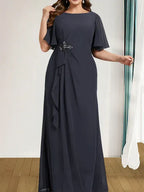 A-Linien Rundhals bodenlanges Chiffon Mutter der Braut Kleid mit kaskadierenden Rüschen Perlen Pailletten