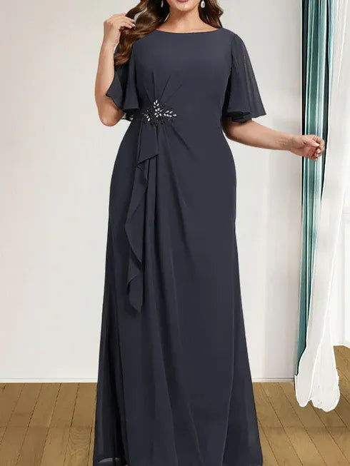 A-Linien Rundhals bodenlanges Chiffon Mutter der Braut Kleid mit kaskadierenden Rüschen Perlen Pailletten
