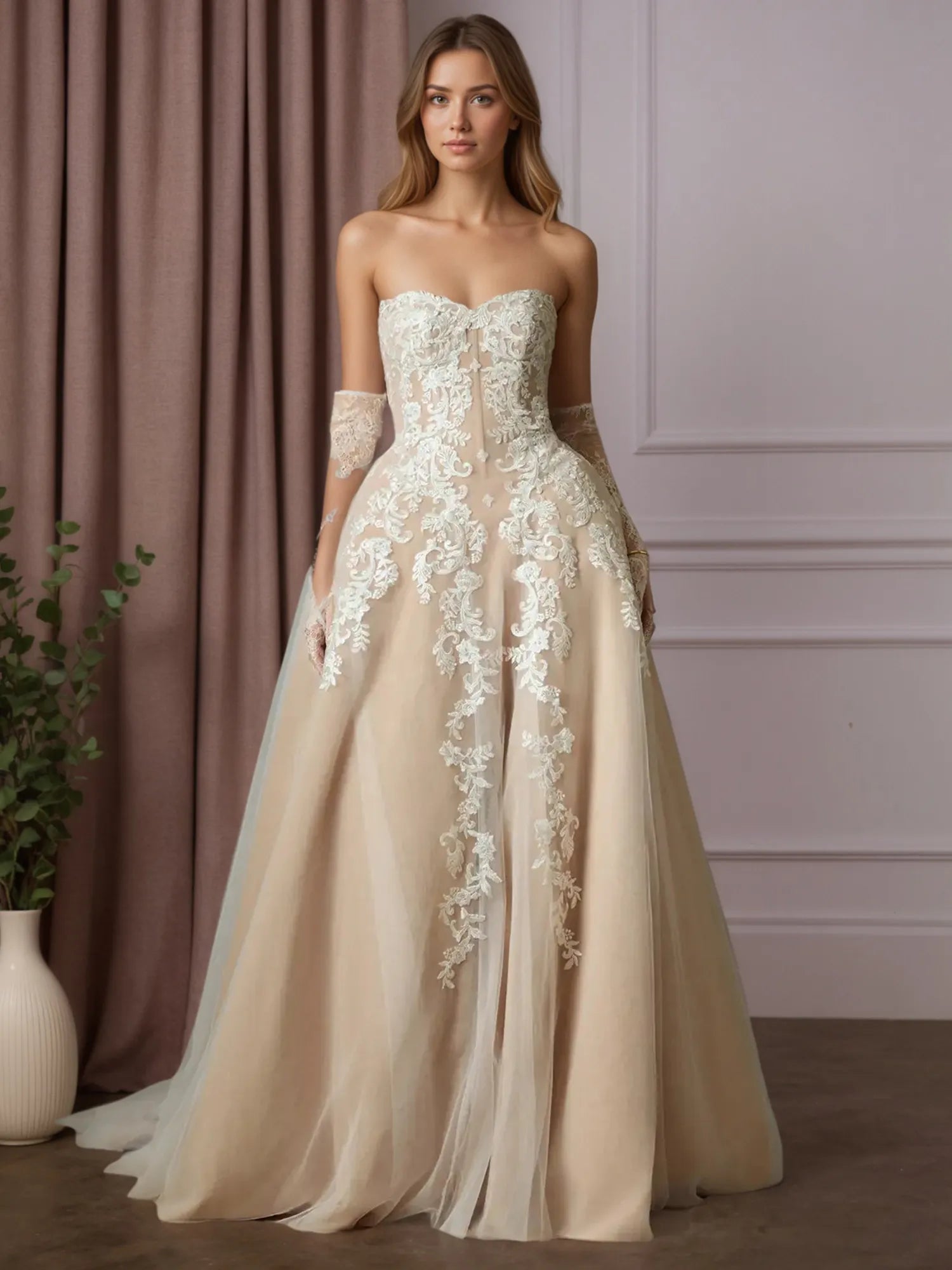 Abito da sposa bianco champagne a gonna ampia senza spalline in pizzo