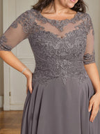 A-Linien Bootsausschnitt Illusionskleid mit asymmetrischem Chiffon-Spitzenstoff, Mutter-der-Braut-Kleid mit Paillettenperlen