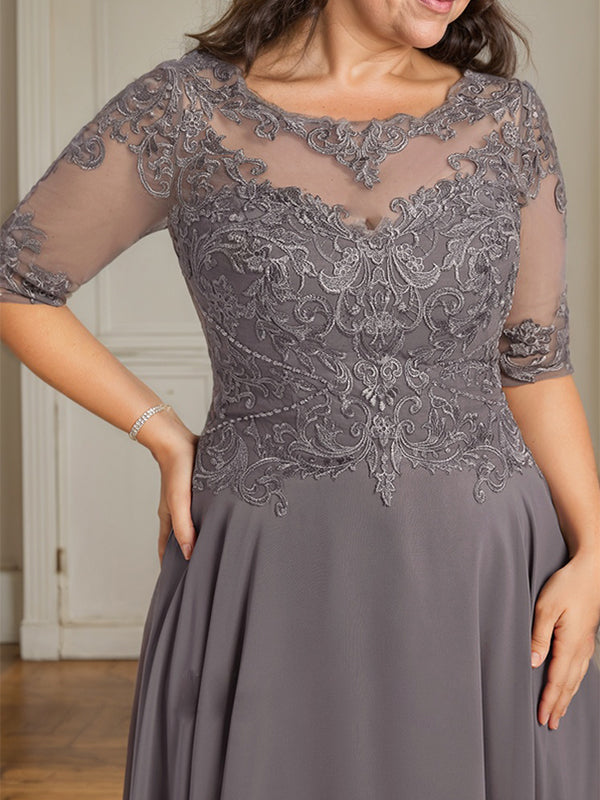 A-Linien Bootsausschnitt Illusionskleid mit asymmetrischem Chiffon-Spitzenstoff, Mutter-der-Braut-Kleid mit Paillettenperlen