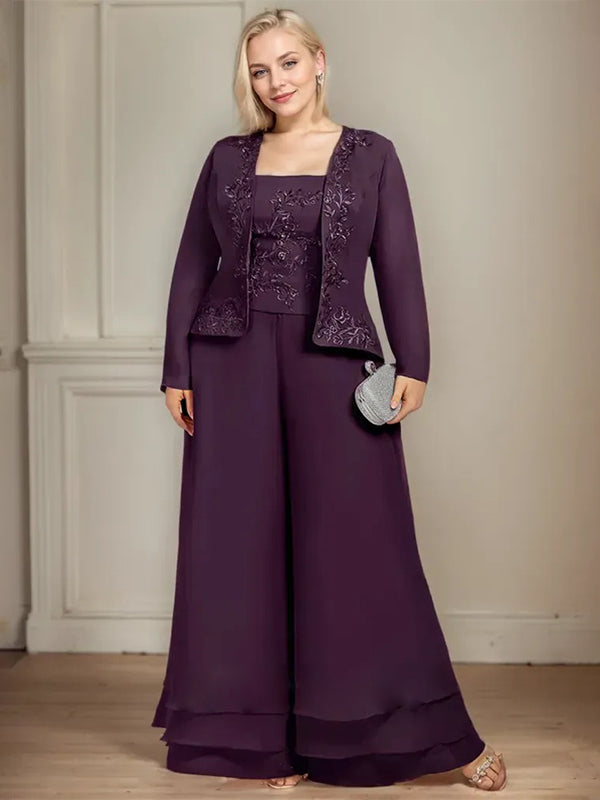 Conjunto separado mono/pantalón de encaje y gasa hasta el tobillo para madre de la novia con lentejuelas