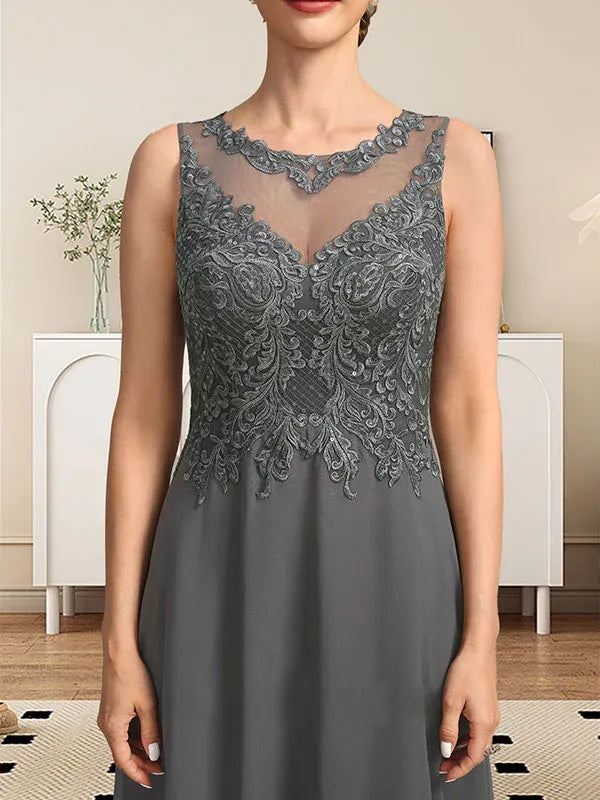 Vestido de madre de la novia de encaje y gasa con ilusión, escote redondo en línea A, largo hasta el suelo con lentejuelas
