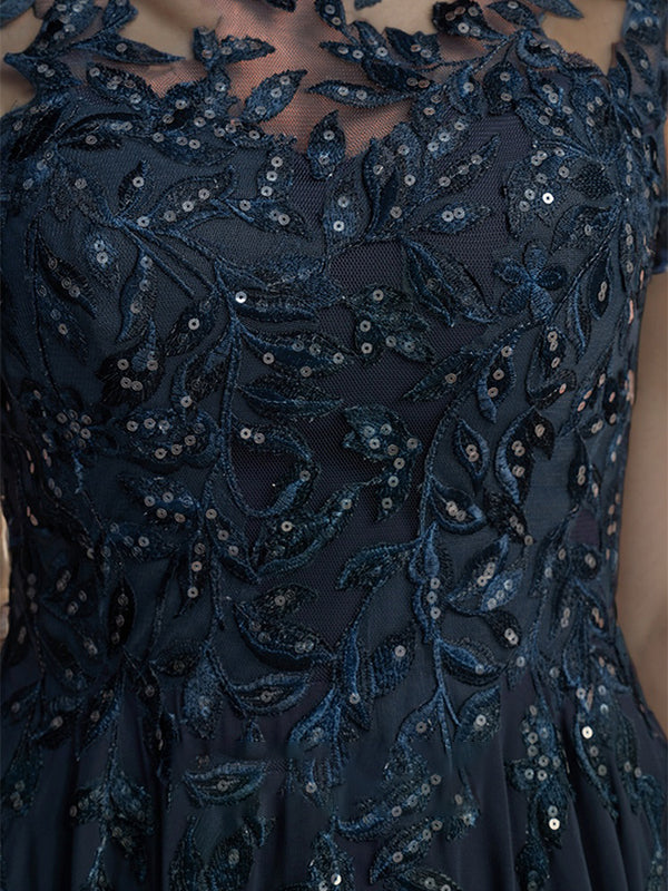 Robe de mère de la mariée en chiffon à coupe évasée, encolure arrondie, longueur au sol, avec appliques et sequins